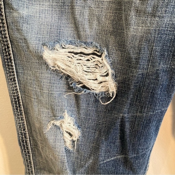 AFFLICTION Sz 33 Cooper Distressed Straight Leg Rubber Logo Patch Jeans - Picture 9 of 16